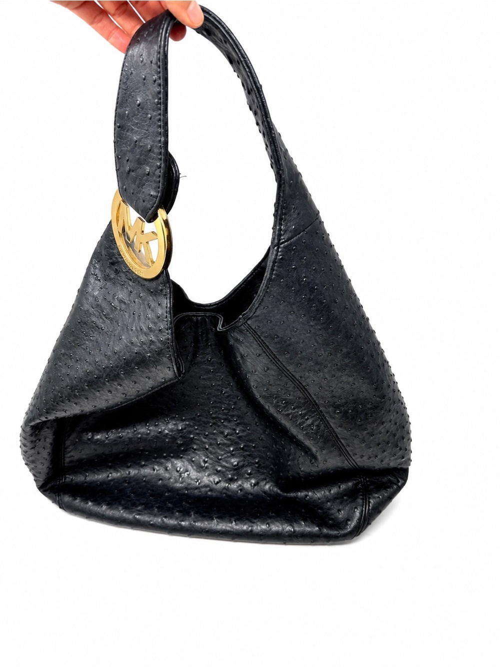 Michael Kors Black Ostrich Leather Hobo Bag Gold MK Logo Shoulder Purse - Picture 6 of 14